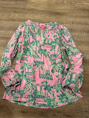 Lilly Pulitzer Pink and Green Tropical Print Peasant Blouse Elsa Silk Top